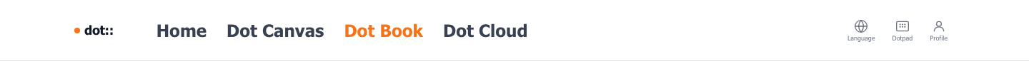 상단 헤더 — Home · Dot Canvas · Dot Book · Dot Cloud 메뉴와 우측 Language · Dotpad · Profile 버튼